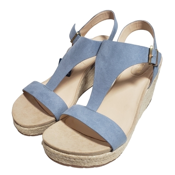 Reaction Kenneth Cole Card Sailboat Blue T-Strap Espadrille Wedge Sandal Sz 9M - Picture 1 of 12